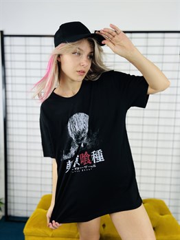  Siyah Renk Tokyo Ghoul Baskılı Geniş Kesim Unisex Anime T-shirt