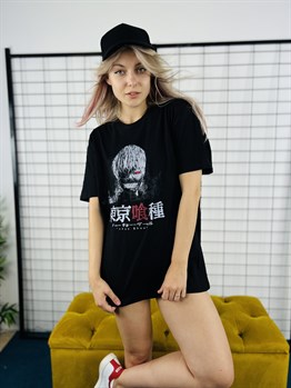  Siyah Renk Tokyo Ghoul Baskılı Geniş Kesim Unisex Anime T-shirt