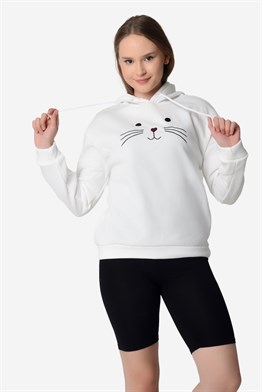 Kadın Beyaz Nakışlı Oversize Kedi Patili Sweatshirt