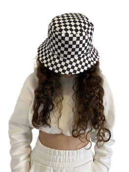 Kadın Beyaz Siyah Dama Desenli Bucket Şapka 