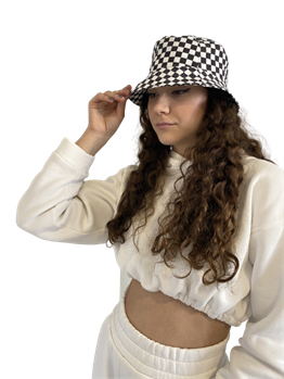 Kadın Beyaz Siyah Dama Desenli Bucket Şapka 