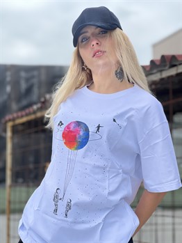 Kadın Ekru Satürn Baskılı T-Shirt