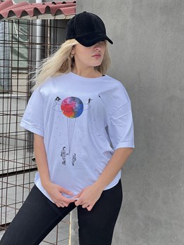 Kadın Ekru Satürn Baskılı T-Shirt