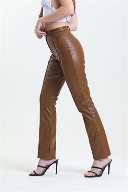 Kadın Kahverengi Çımalı Deri Pantolon 