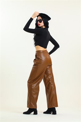 Kadın Kahverengi Geniş Paçalı Deri Pantolon 