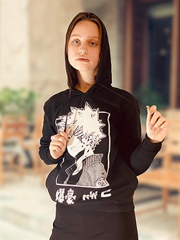 Oversize My Hero Academia Katsuki Bakugou Kapüşonlu Siyah Sweatshirt
