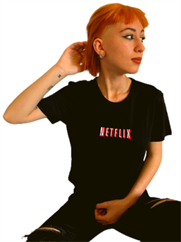 Siyah %100 Pamuk Bisiklet Yaka Crop Örme Netflix T-Shirt