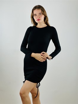 Siyah Basic Bel Büzgülü Midi Elbise