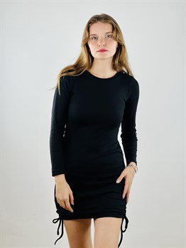 Siyah Basic Bel Büzgülü Midi Elbise