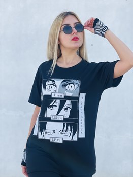 Siyah Geniş Kalıp Attack On Titan Baskılı Unisex Anime T-shirt