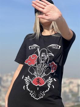 Siyah Geniş Kalıp Naruto Itachi Uchiha Unisex Anime T-shirt