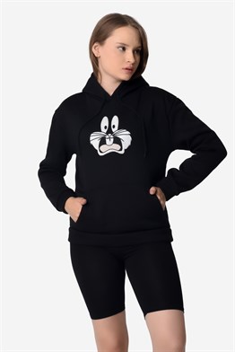 Siyah Kanguru Cepli Kapüşonlu Boyfriend Örme Bugs Bunny Sweatshirt