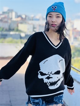 Siyah Skull Gothic Kuru Kafa Oversize Kazak