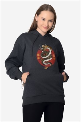 Unisex Siyah Dragon Ejder Sembol Baskılı Kapşonlu Tasarım Hoodie Sweatshirt