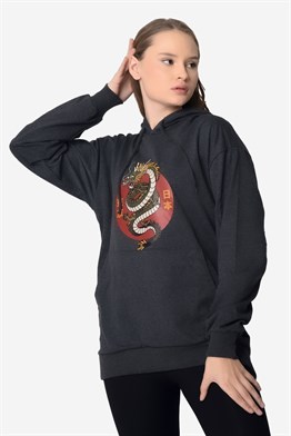 Unisex Siyah Dragon Ejder Sembol Baskılı Kapşonlu Tasarım Hoodie Sweatshirt