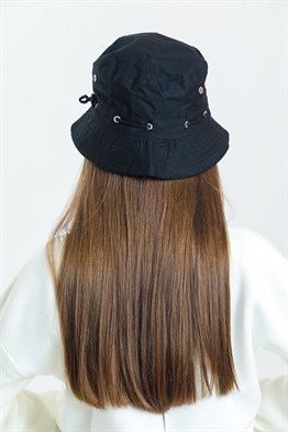 Unisex Siyah İp Detaylı Bucket Kova Şapka