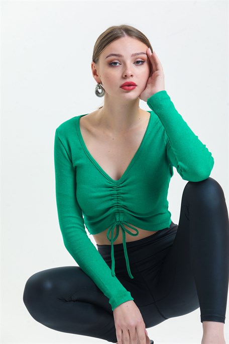 Yeşil Kadın Dekolte Detaylı Crop Bluz